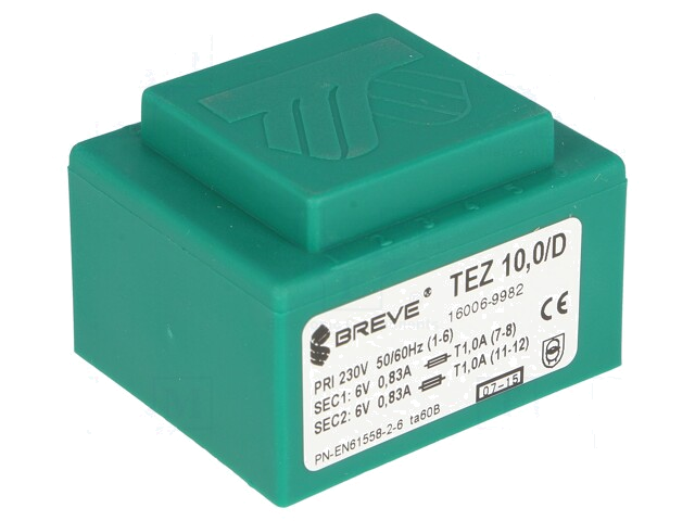 Transformator: ingegoten; 10VA; 230VAC; 6V; 6V; 833,3mA; 833,3mA Transformator: ingegoten; 10VA; 230VAC; 6V; 6V; 833,3mA; 833,3mA